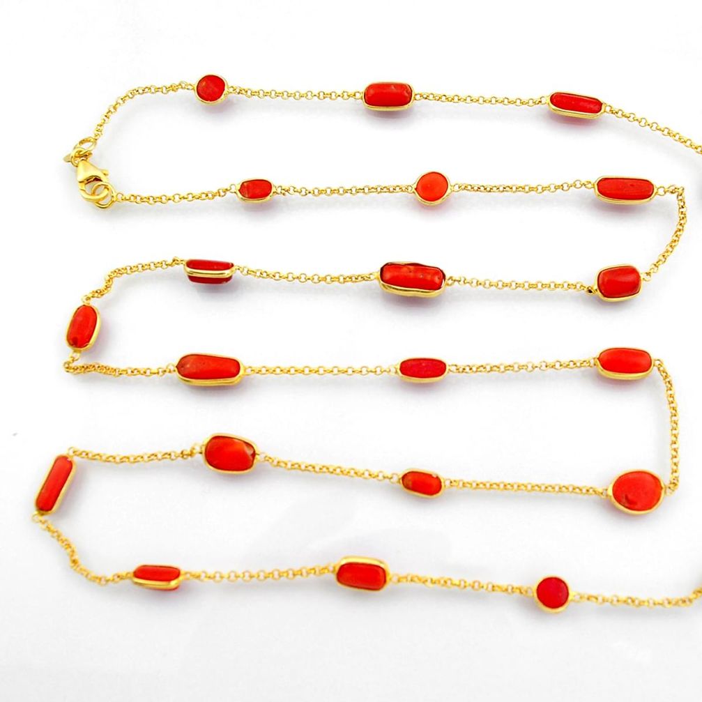 39.26cts red coral 925 silver 14k gold 35inch chain necklace jewelry p91658