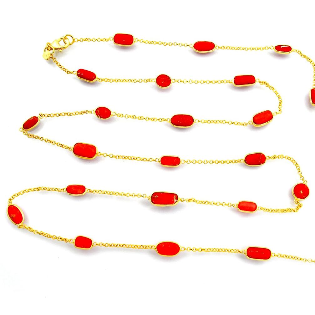 40.66cts red coral 925 silver 14k gold 36inch chain necklace jewelry p91652