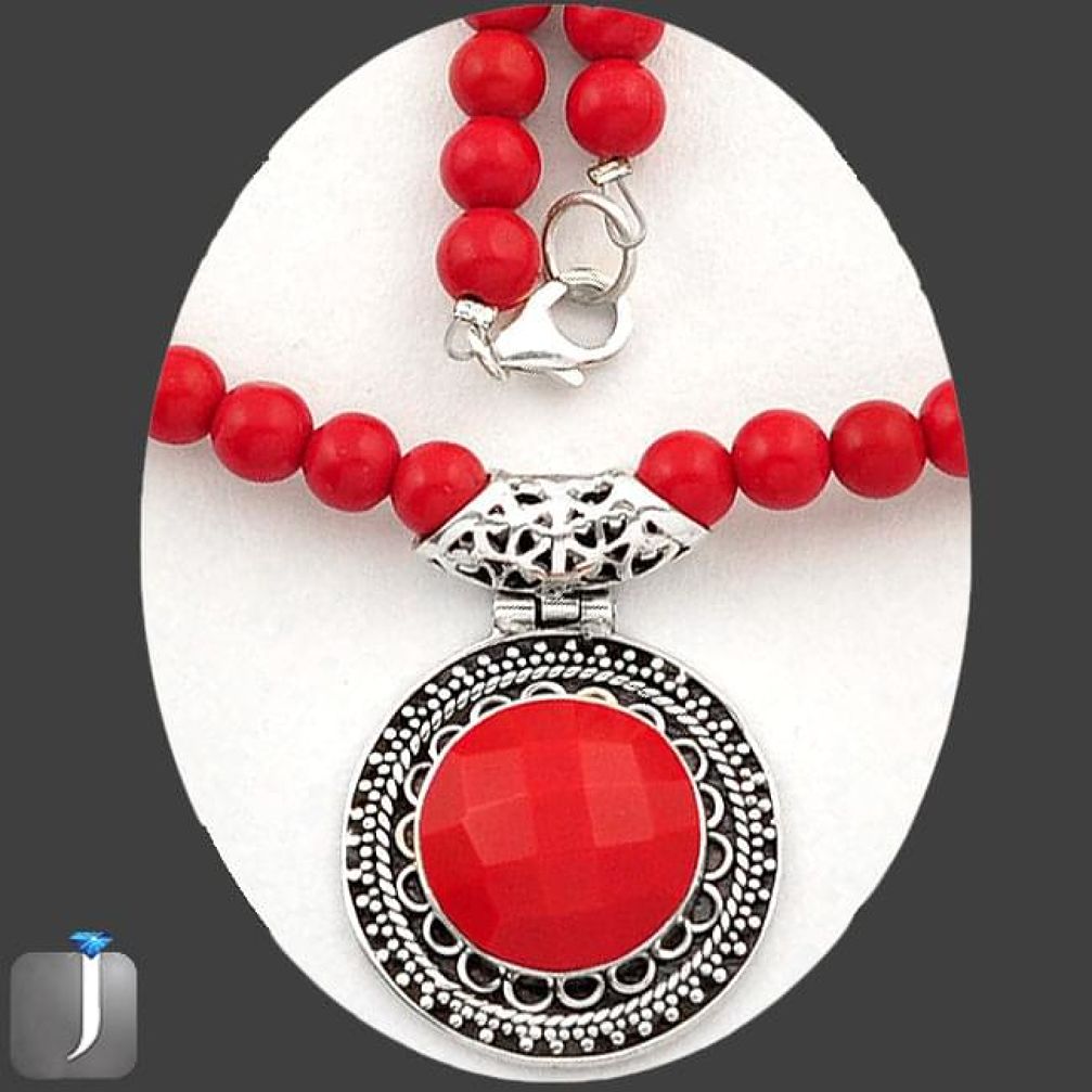 108.70cts RED CORAL 925 STERLING SILVER PENDANT BEADS NECKLACE JEWELRY E84917