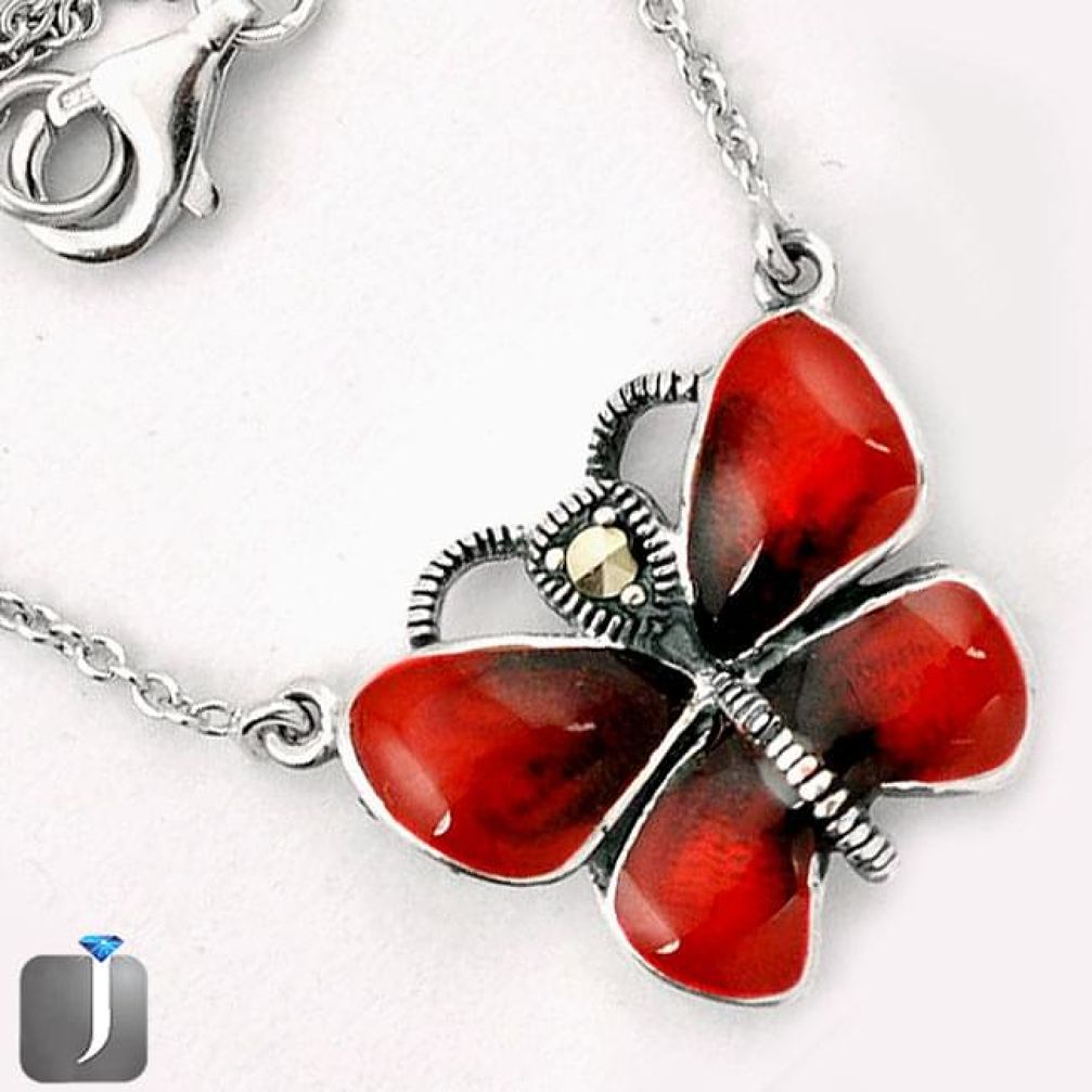 RED ENAMEL BUTTERFLY CHARM MARCASITE 925 SILVER NECKLACE CHAIN JEWELRY G44842