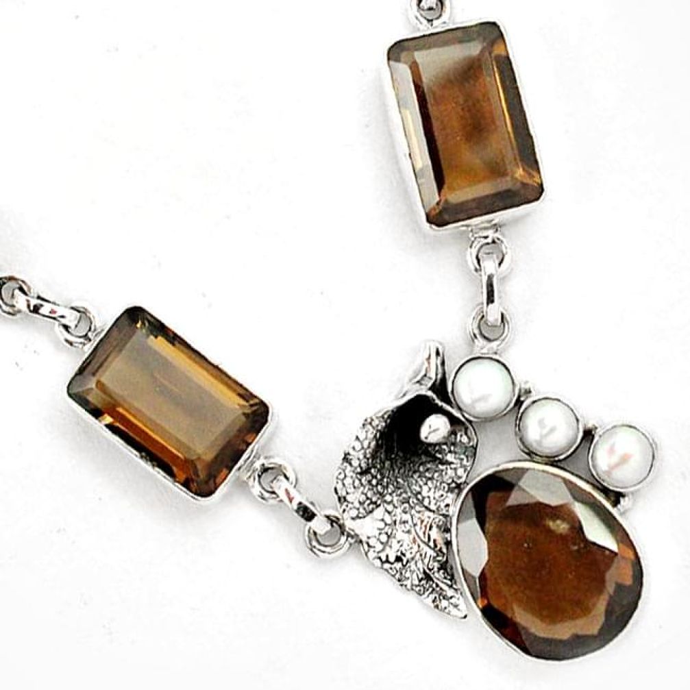 SPECTACULAR BROWN SMOKY TOPAZ PEARL 925 STERLING SILVER NECKLACE JEWELRY H32311