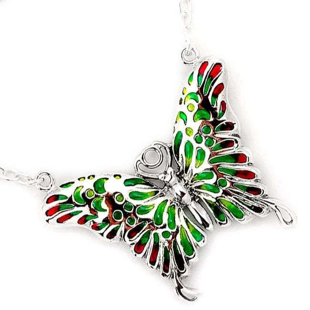 SUPERB MULTI COLOR ENAMEL BUTTERFLY 925 STERLING SILVER CHAIN NECKLACE H20774