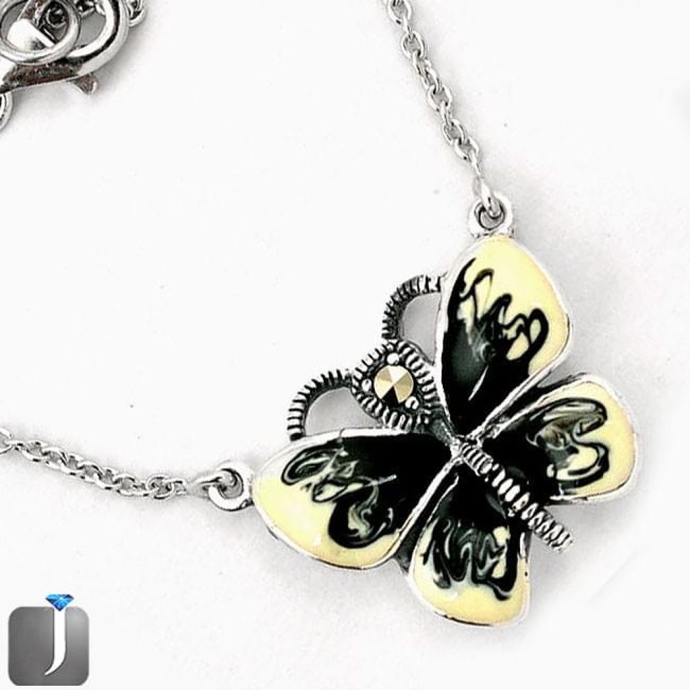 SWISS MARCASITE HANDCRAFTED ENAMEL 925 SILVER BUTTERFLY NECKLACE JEWELRY F80637