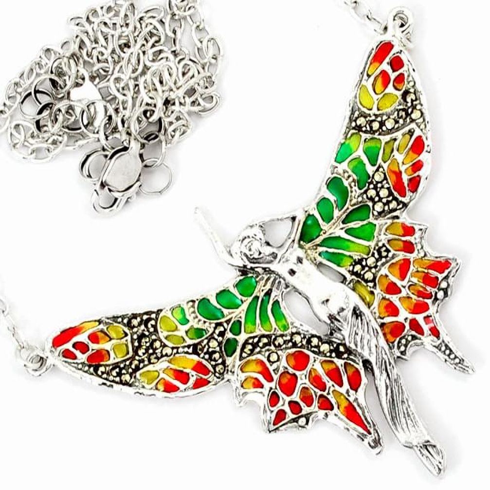 SWISS MARCASITE MULTI COLOR ENAMEL 925 SILVER ANGEL WINGS CHAIN NECKLACE H6586