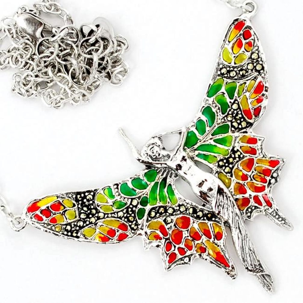 SWISS MARCASITE MULTI COLOR ENAMEL BUTTERFLY 925 SILVER NECKLACE CHAIN H32147