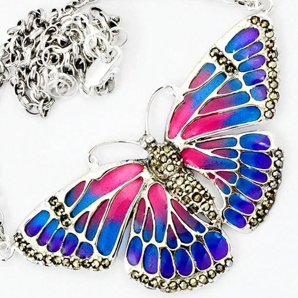 SWISS MARCASITE NATURAL PINK BLUE ENAMEL BUTTERFLY SILVER CHAIN NECKLACE H29952