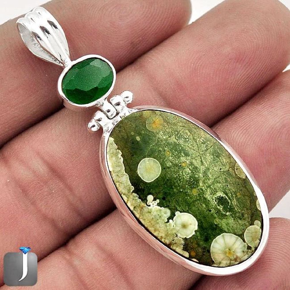 17.05cts NATURAL GREEN RAINFOREST OPAL CHALCEDONY 925 SILVER PENDANT F48289