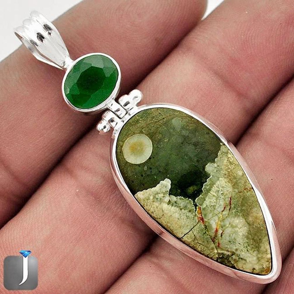 17.07cts NATURAL RARE GREEN RAINFOREST OPAL CHALCEDONY 925 SILVER PENDANT F48300