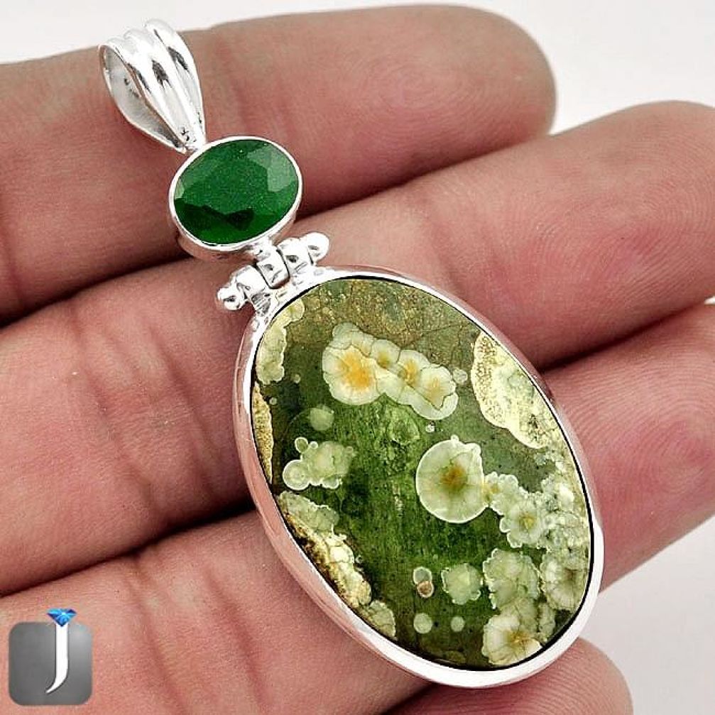 22.93cts RARE NATURAL GREEN RAINFOREST OPAL CHALCEDONY 925 SILVER PENDANT F48290