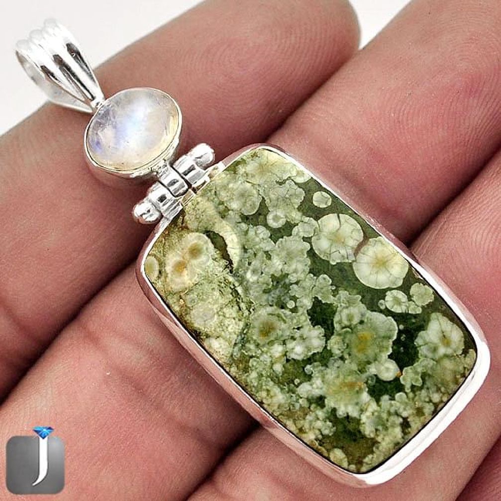 24.28cts NATURAL GREEN RAINFOREST OPAL MOONSTONE 925 SILVER PENDANT F48285