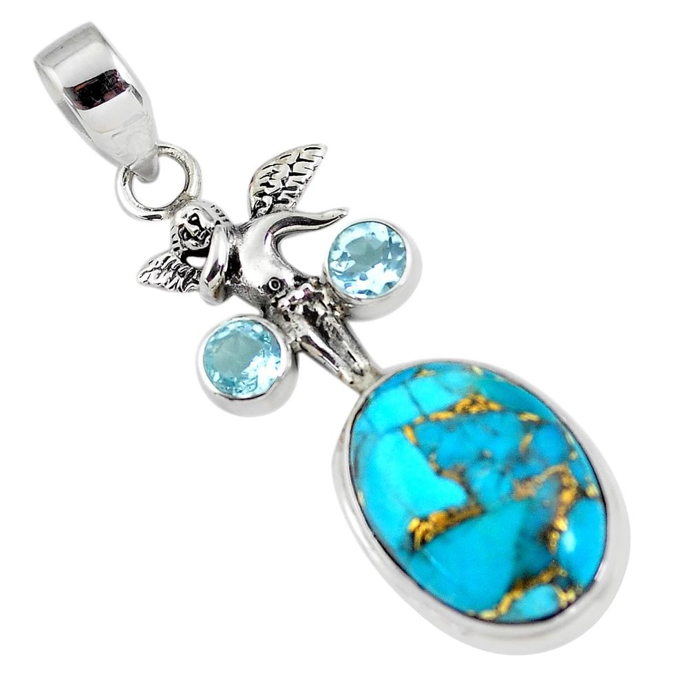 925 silver 13.28cts blue copper turquoise topaz angel wings fairy pendant p56780