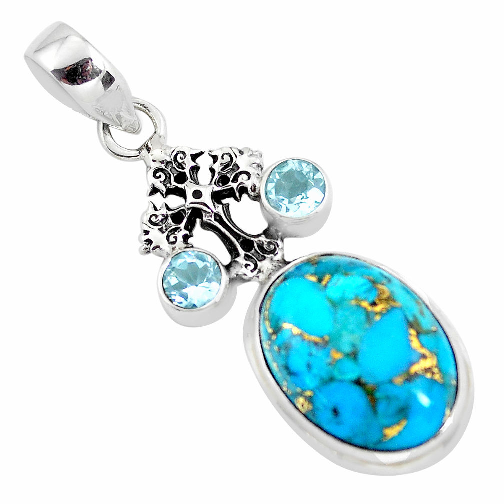 925 silver 12.83cts blue copper turquoise topaz holy cross pendant p56770