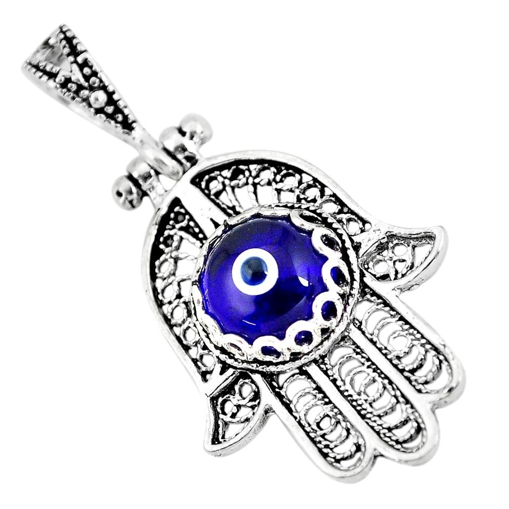 925 silver 2.95cts blue evil eye talismans round hand of god hamsa pendant c2714