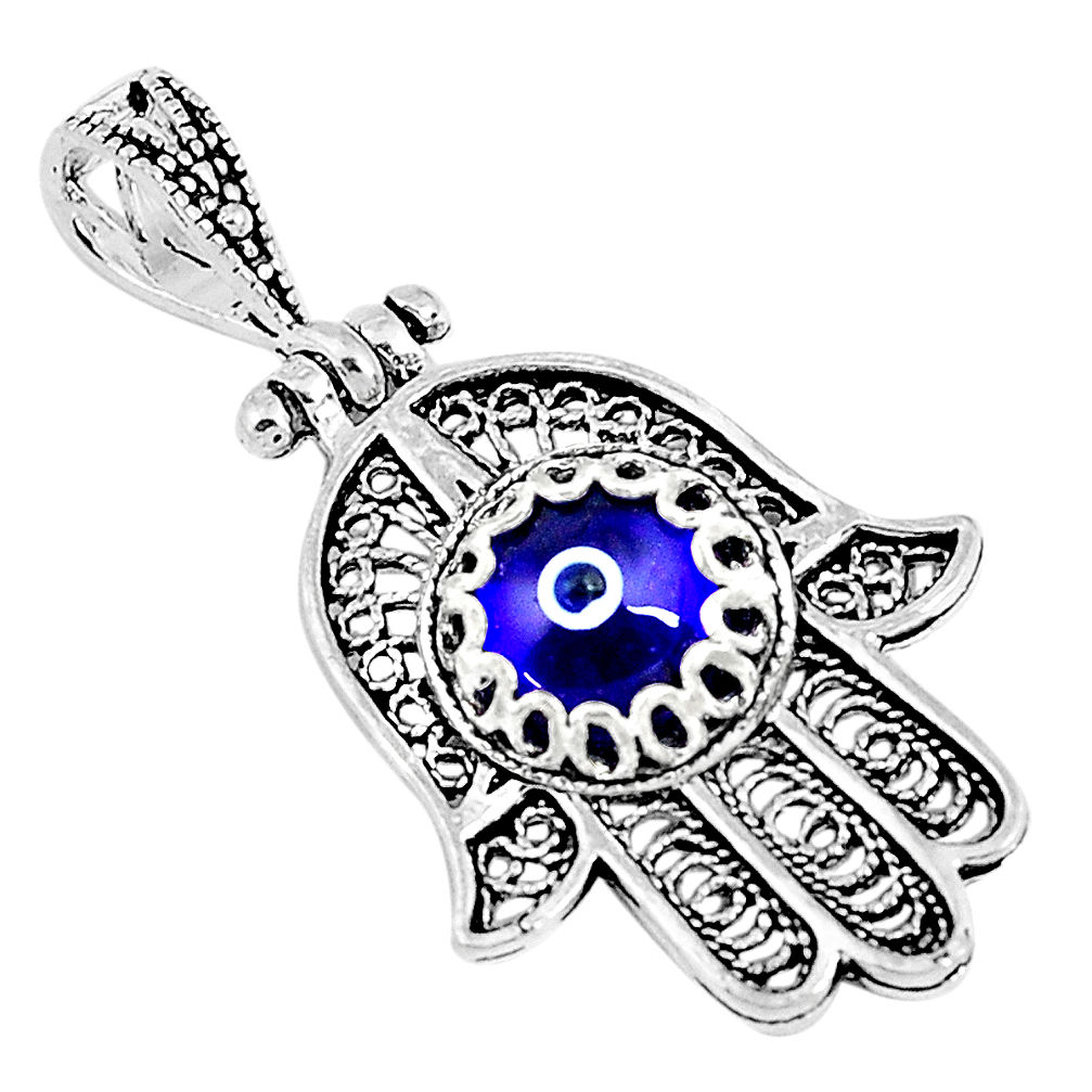 925 silver 3.11cts blue evil eye talismans round hand of god hamsa pendant c2740