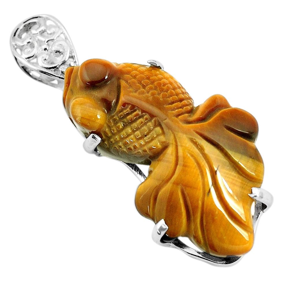 925 silver 31.00cts carving natural brown tiger's eye fancy fish pendant p35899