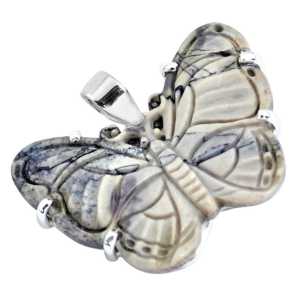 925 silver carving natural white porcelain jasper butterfly pendant p47092