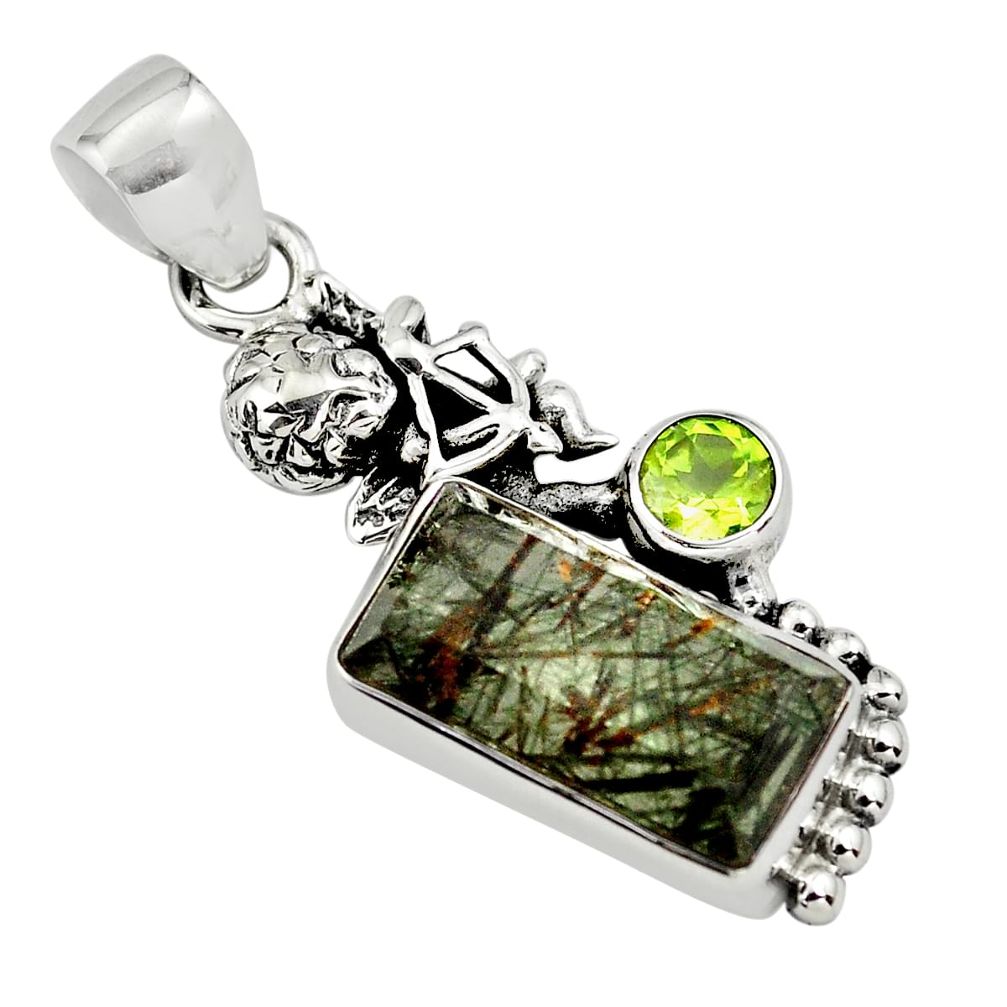 925 silver 7.40cts faceted green rutile peridot cupid angel wings pendant p79574