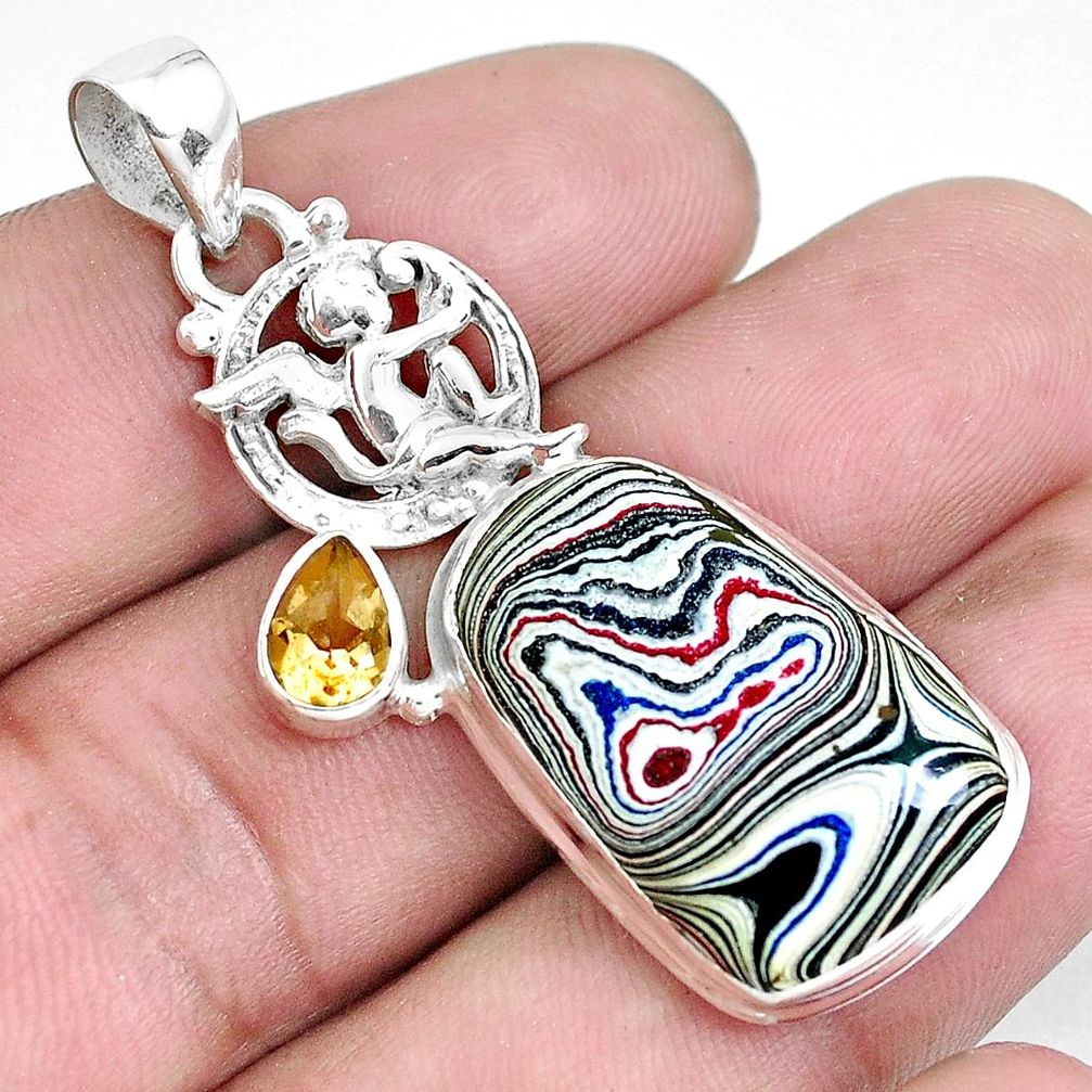 925 silver 13.87cts fordite detroit agate cupid angel wings pendant p43248