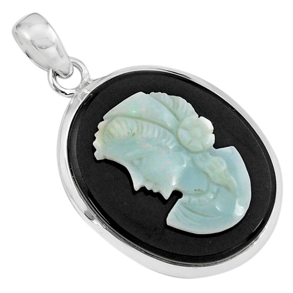 925 silver 16.28cts lady face natural black opal cameo on onyx pendant p79117