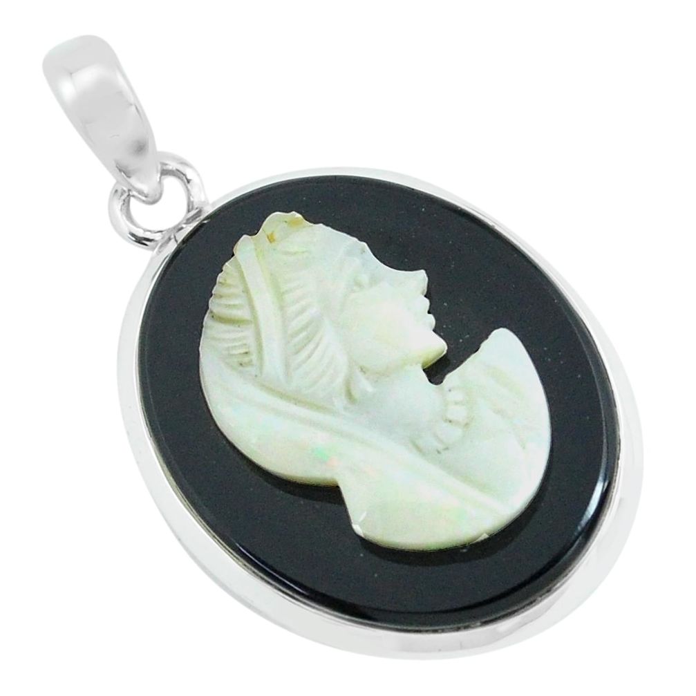 925 silver 14.72cts lady face natural opal cameo on black onyx pendant p68797