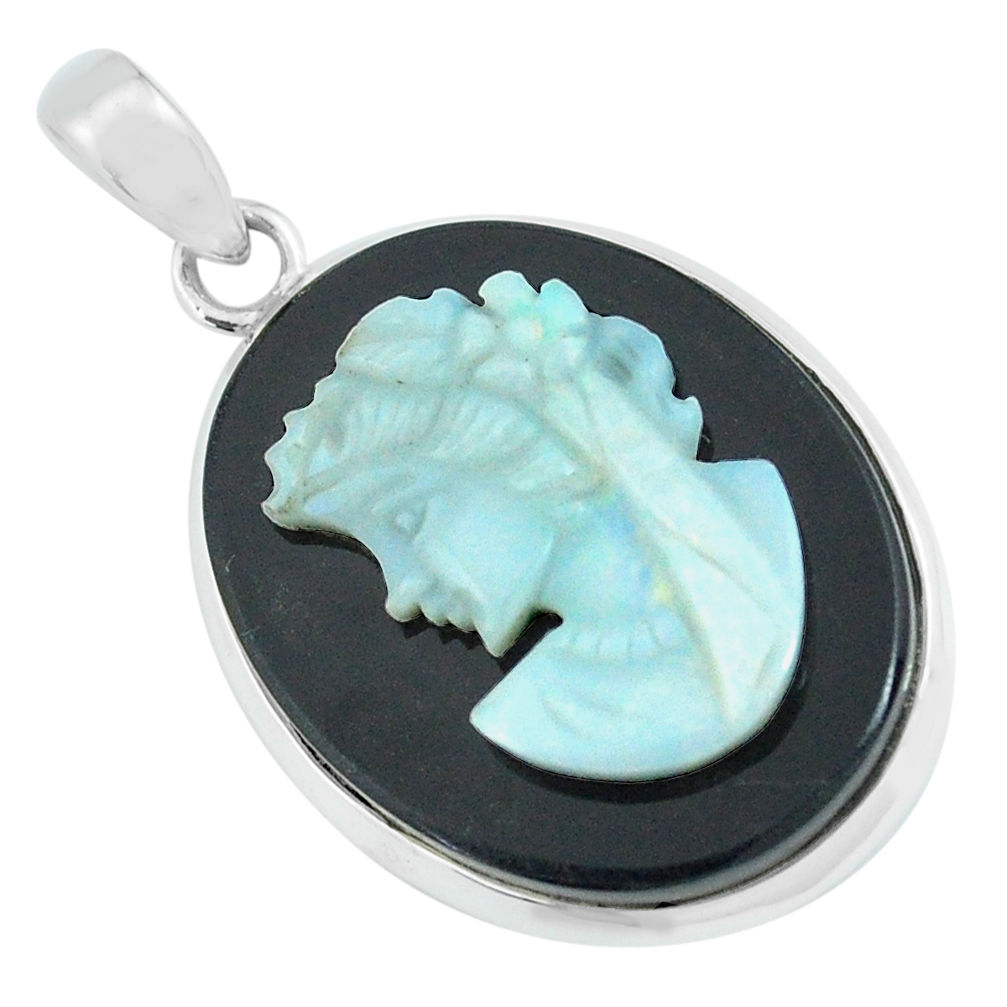 925 silver 16.20cts lady face natural opal cameo on black onyx pendant p68804