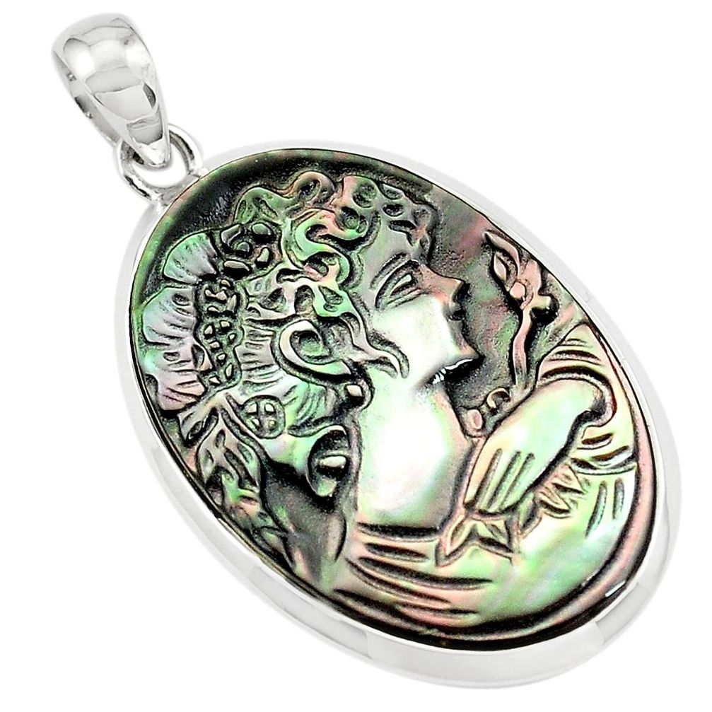 925 silver 16.57cts lady face natural titanium cameo on shell pendant p80203