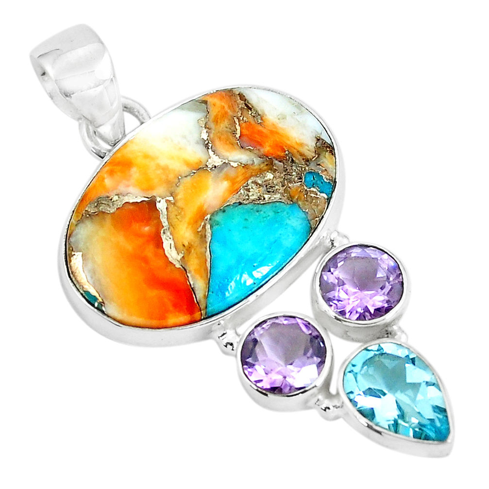 925 silver 16.20cts multi color spiny oyster arizona turquoise pendant p65395