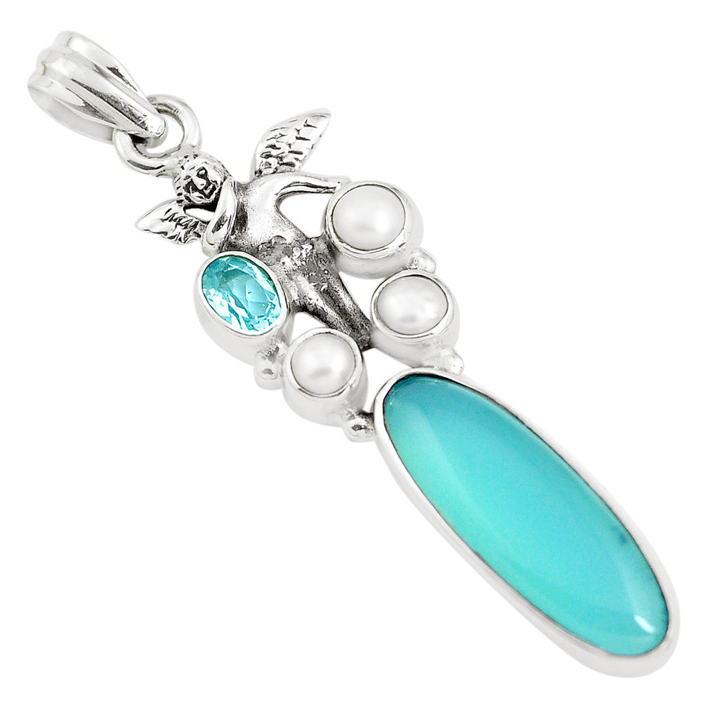 925 silver 13.09cts natural aqua chalcedony cupid angel wings pendant p38987