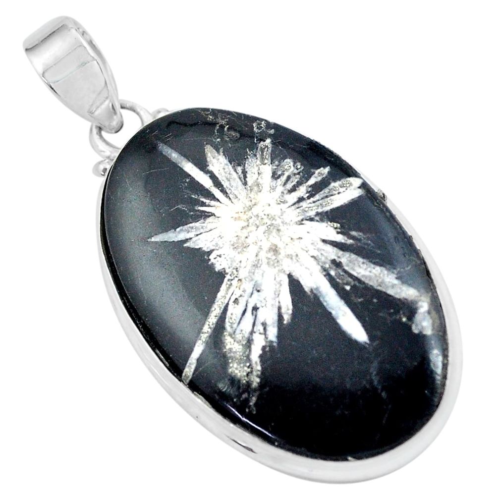 925 silver 18.70cts natural black chrysanthemum oval pendant jewelry p59498