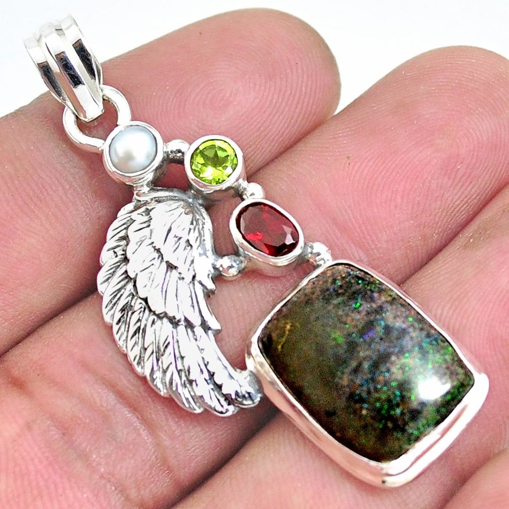 925 silver natural black honduran matrix opal garnet feather pendant p43140