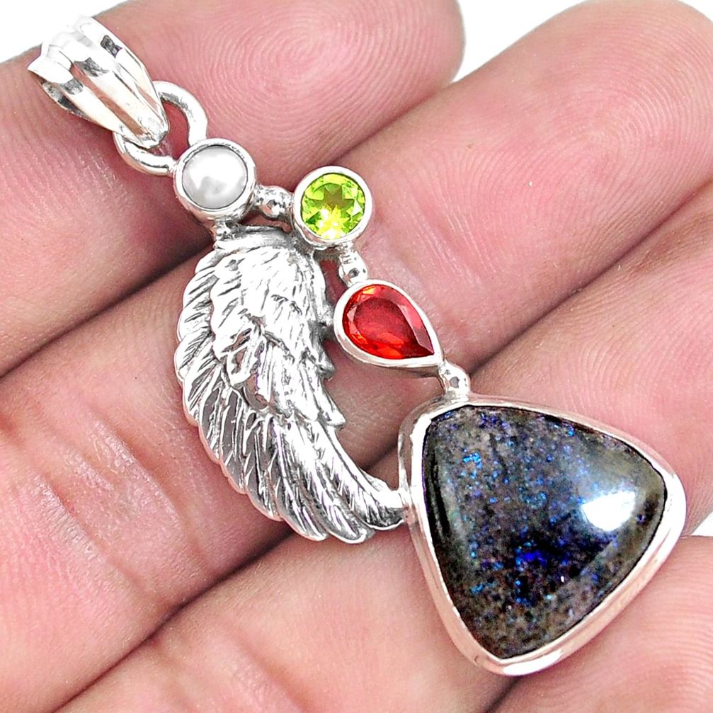 925 silver natural black honduran matrix opal garnet feather pendant p46758