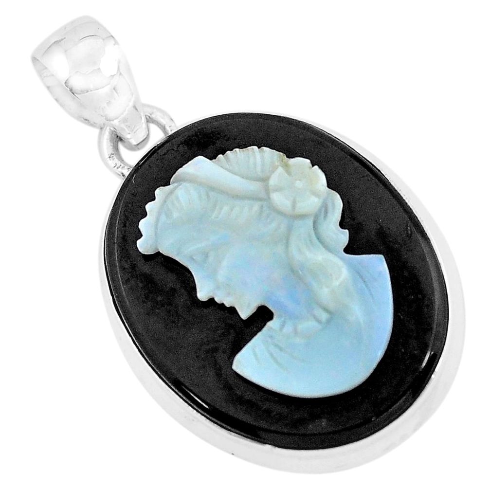 925 silver 17.22cts natural black opal cameo on onyx lady face pendant p59330