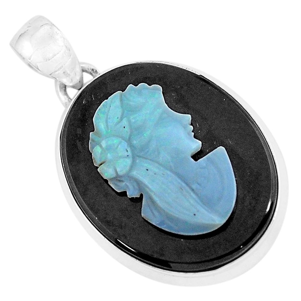 925 silver 17.22cts natural black opal cameo on onyx lady face pendant p59337