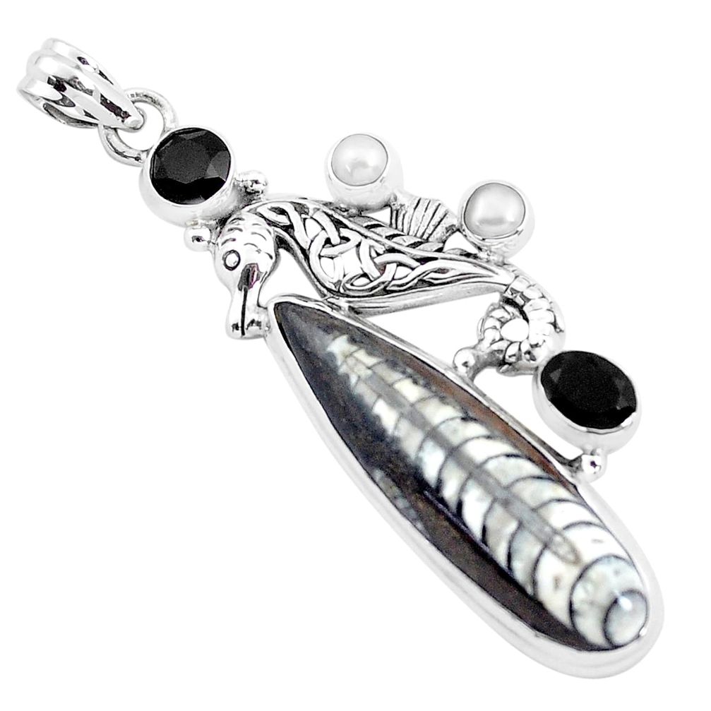 925 silver 25.71cts natural black orthoceras onyx seahorse pendant p37512