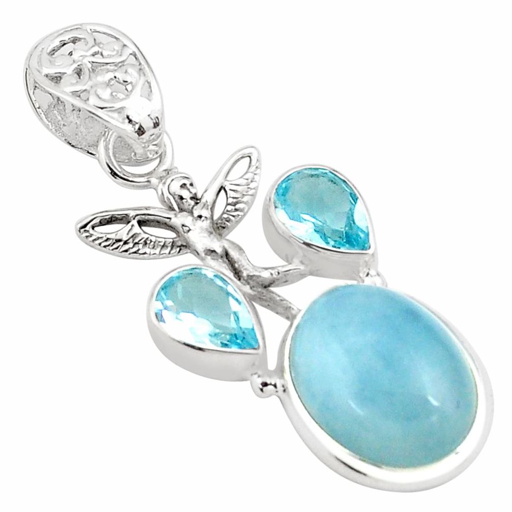 925 silver 16.67cts natural blue aquamarine angel wings fairy pendant p78292