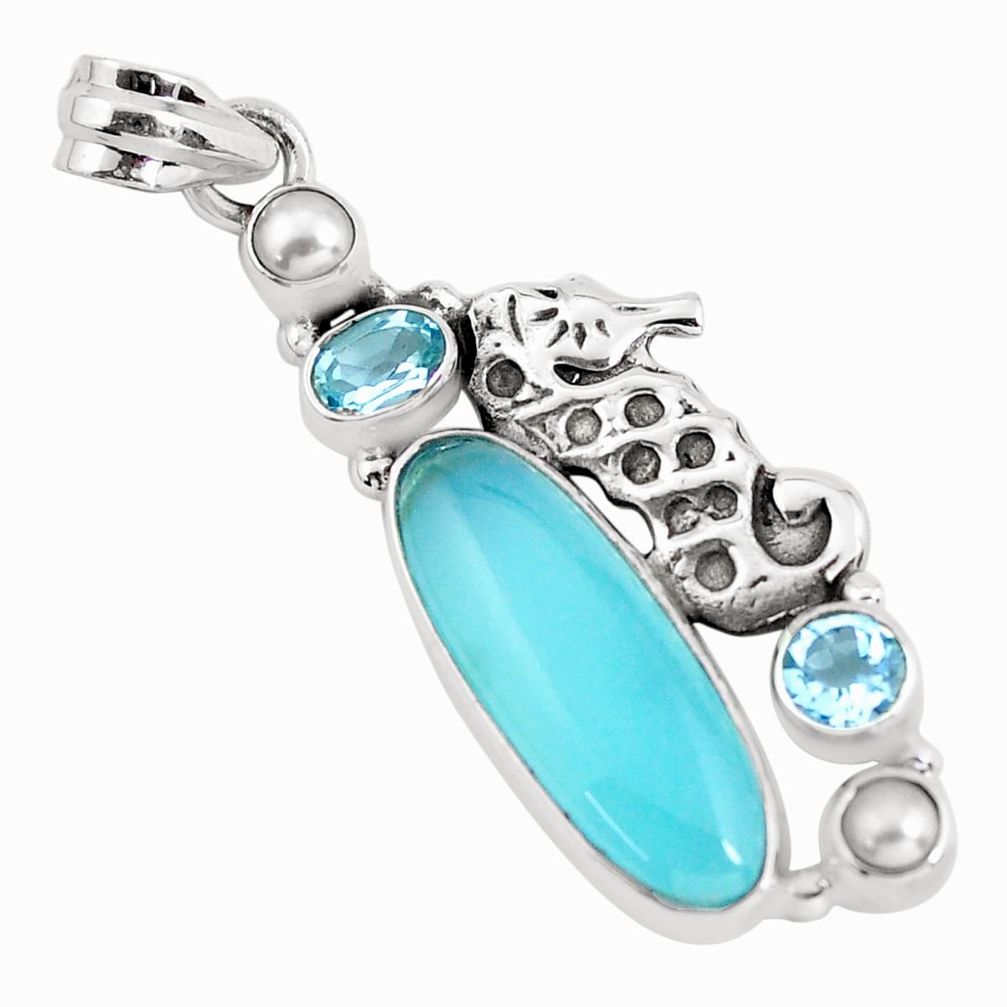 925 silver 11.93cts natural blue chalcedony topaz seahorse pendant p58891