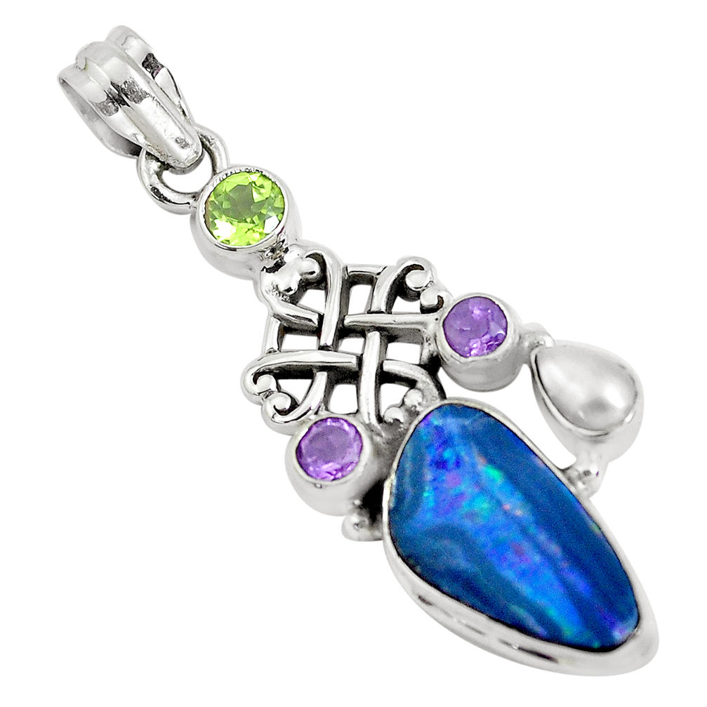 925 silver 11.23cts natural blue doublet opal australian amethyst pendant p51912