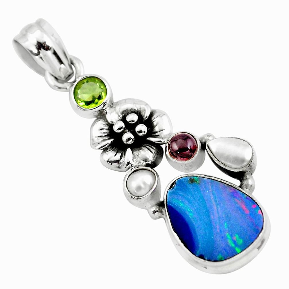 925 silver 6.89cts natural blue doublet opal australian flower pendant p58060