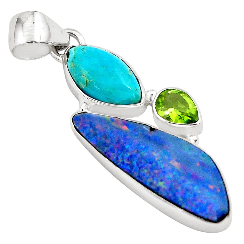 925 silver 13.09cts natural blue doublet opal australian peridot pendant p79676