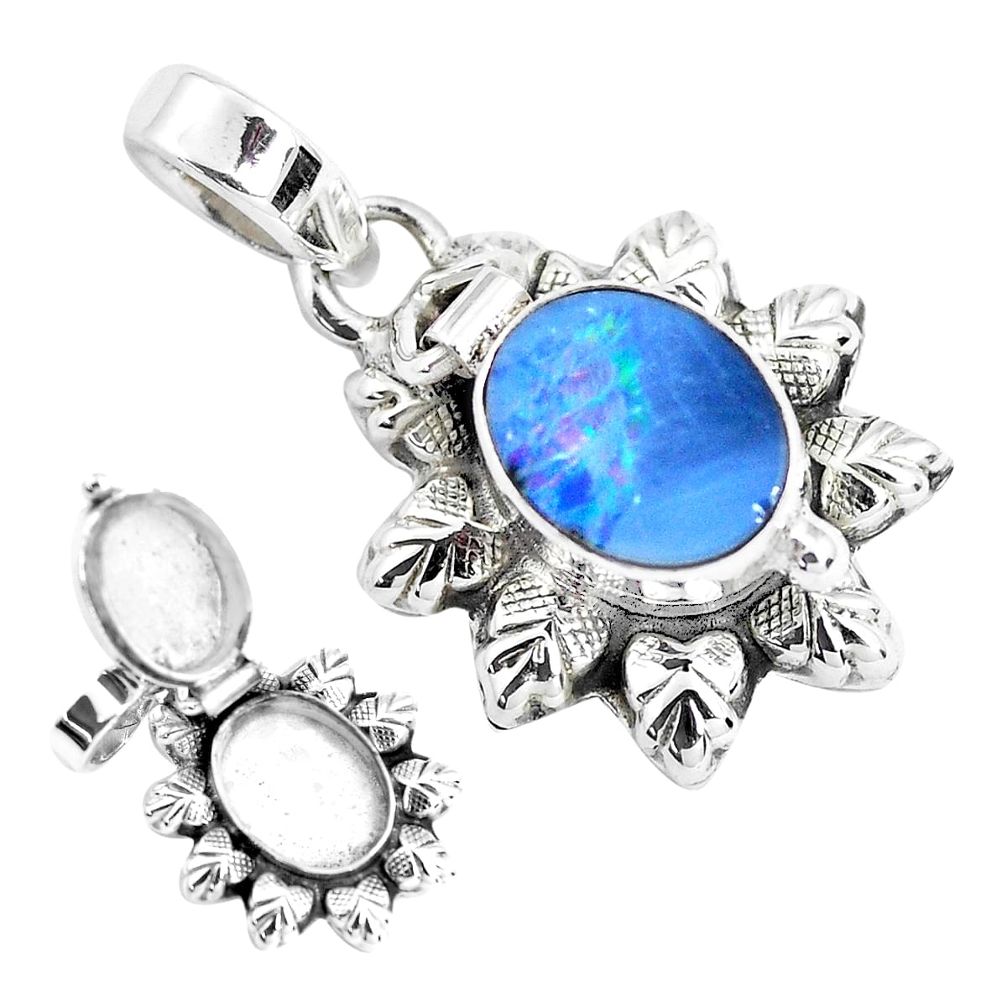 925 silver natural blue doublet opal australian poison box pendant p44958