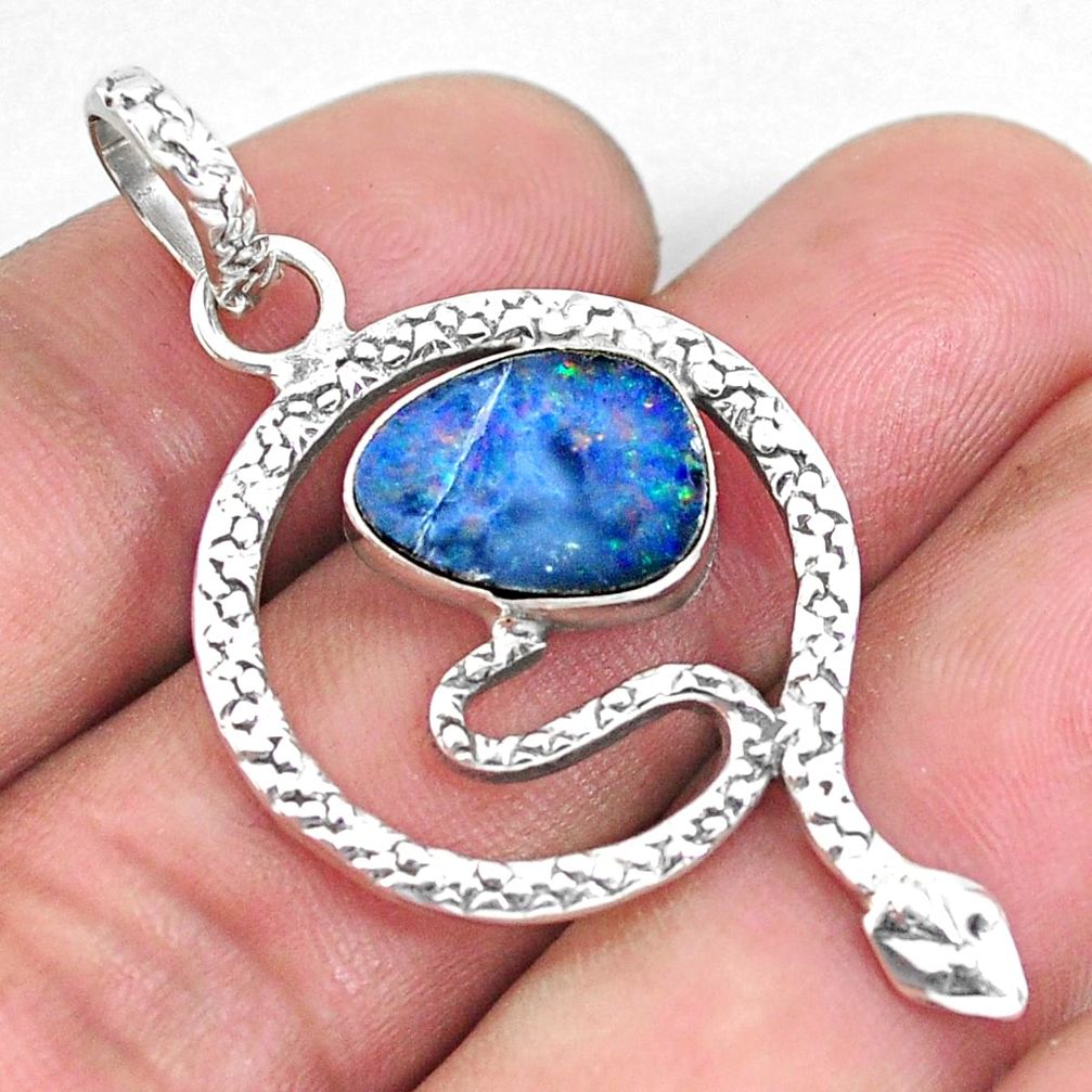 925 silver 4.73cts natural blue doublet opal australian snake pendant p58967