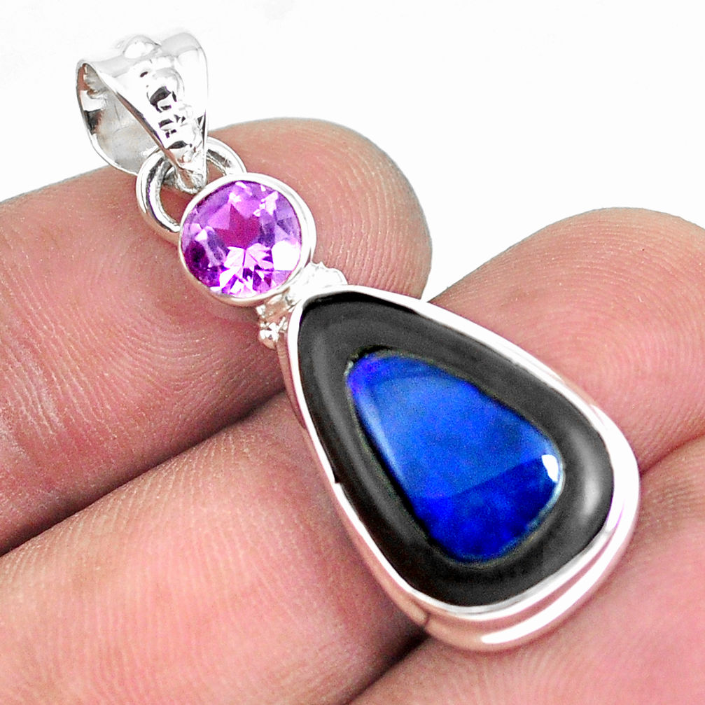925 silver 12.62cts natural blue doublet opal in onyx amethyst pendant p53724