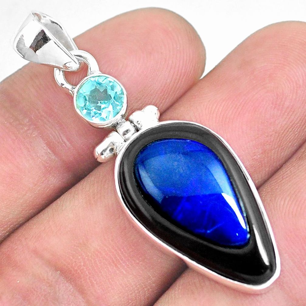 925 silver 15.55cts natural blue doublet opal in onyx blue topaz pendant p53575