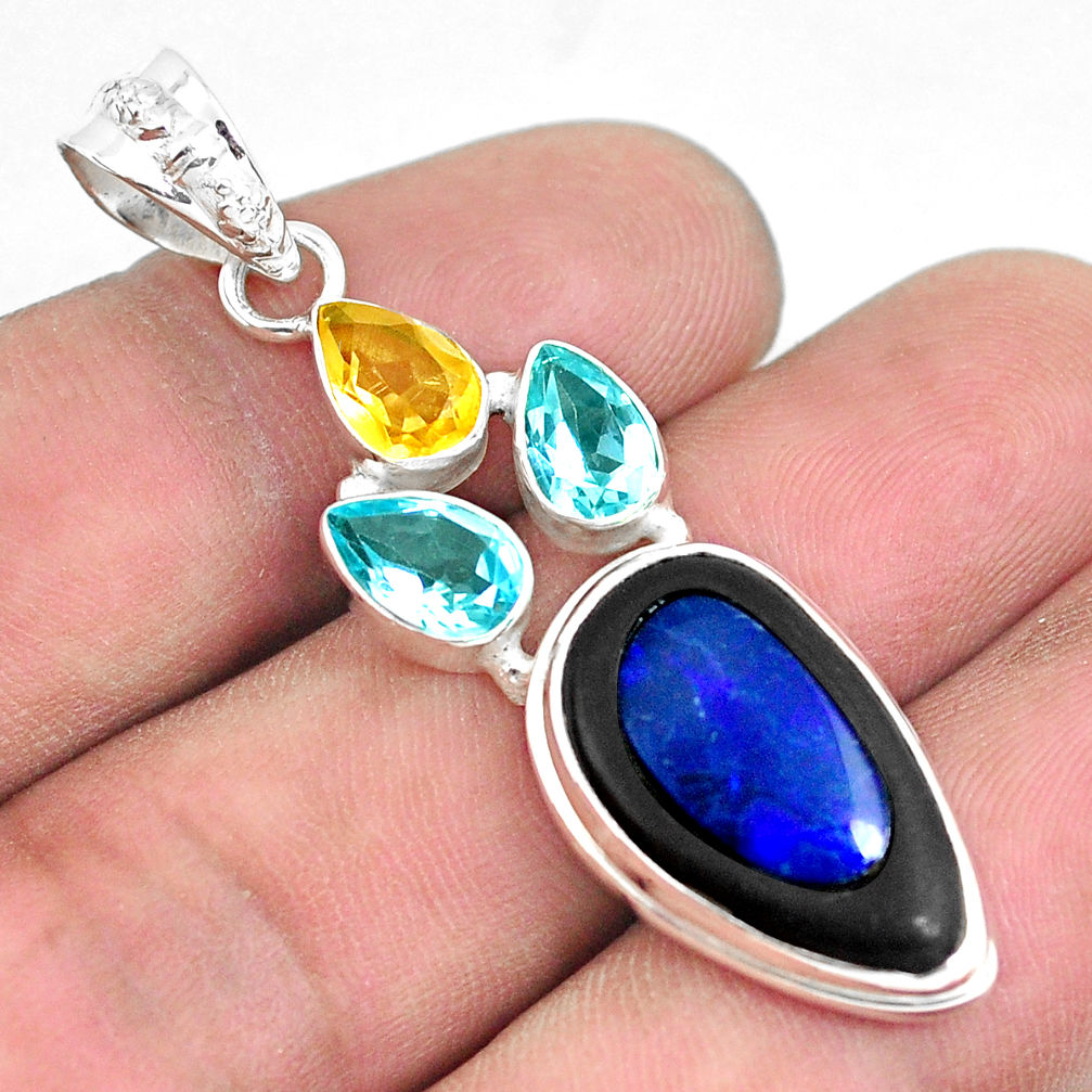 925 silver 14.40cts natural blue doublet opal in onyx citrine pendant p53667