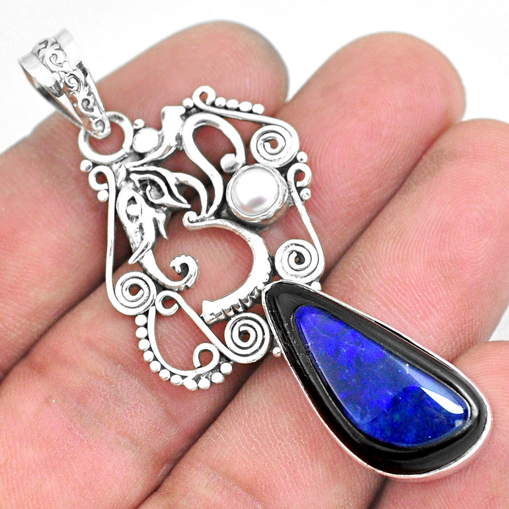 925 silver 16.17cts natural blue doublet opal in onyx seahorse pendant p53657