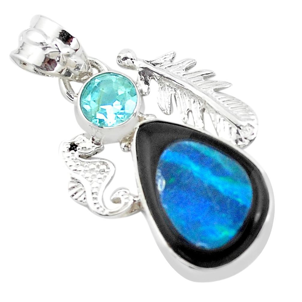 925 silver 13.66cts natural blue doublet opal in onyx seahorse pendant p53753