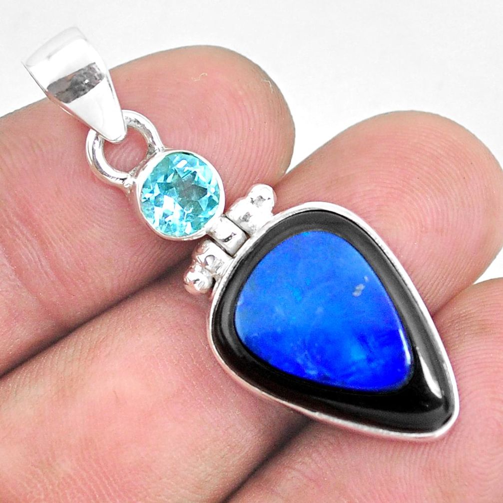 925 silver 12.07cts natural blue doublet opal in onyx topaz pendant p53568
