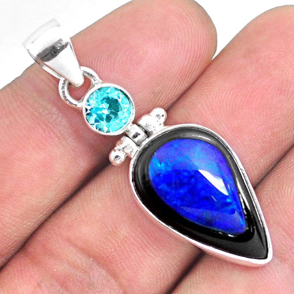 925 silver 13.66cts natural blue doublet opal in onyx topaz pendant p53579