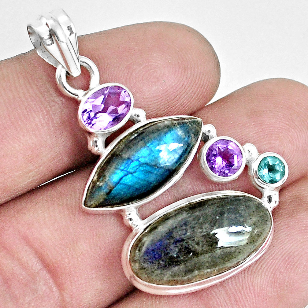 925 silver 18.63cts natural blue labradorite amethyst topaz pendant p33813