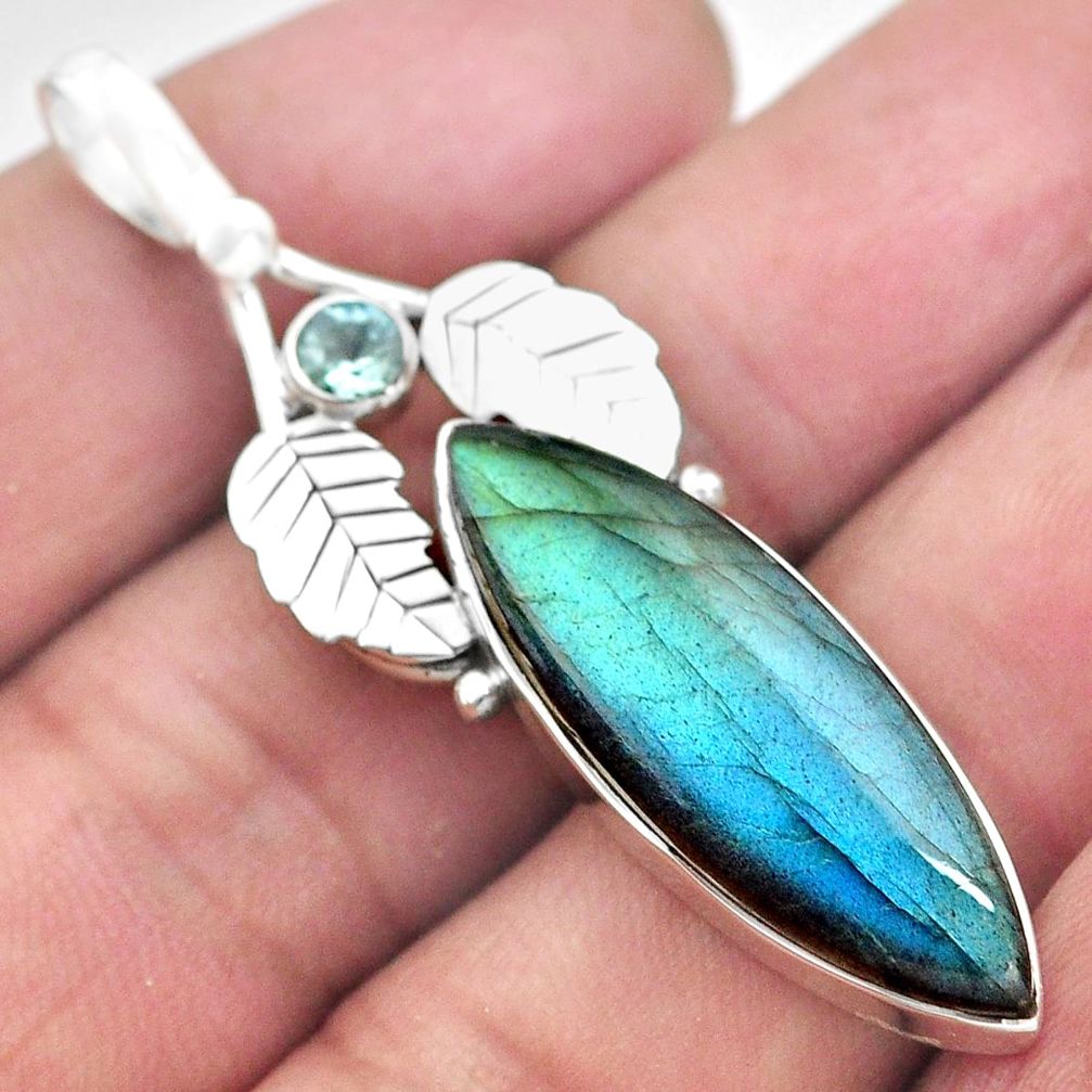 925 silver 17.22cts natural blue labradorite topaz deltoid leaf pendant p84775